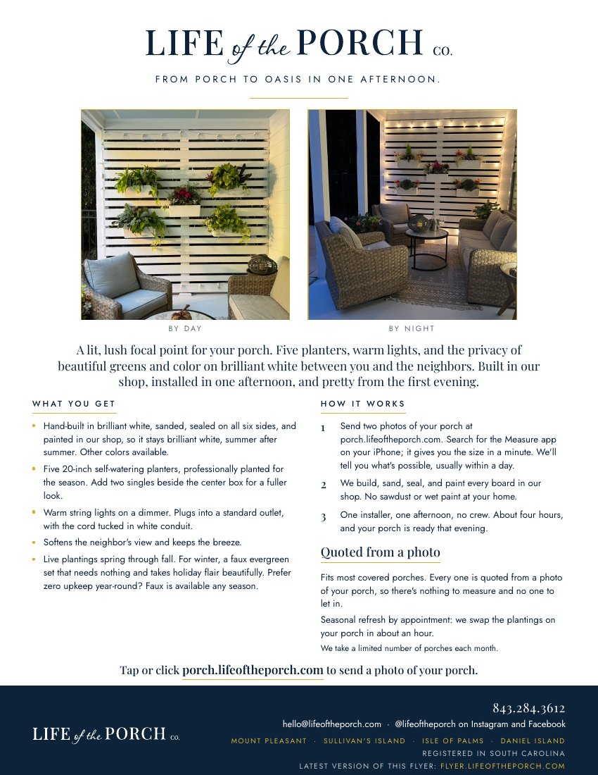 Page one of the Life of the Porch Co. flyer